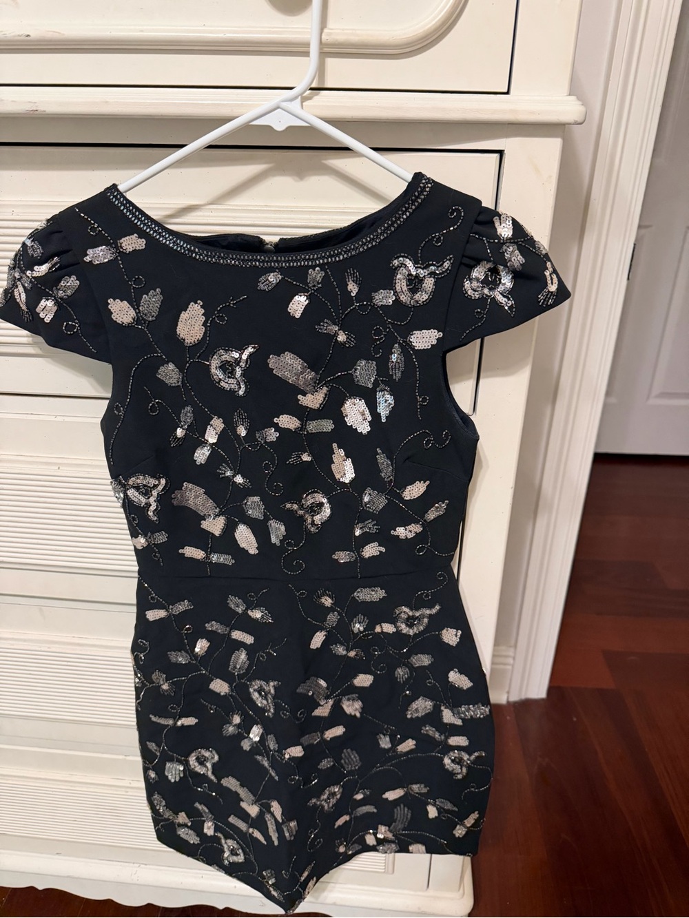 Black Mini Dress with Silver Floral Sequin Details